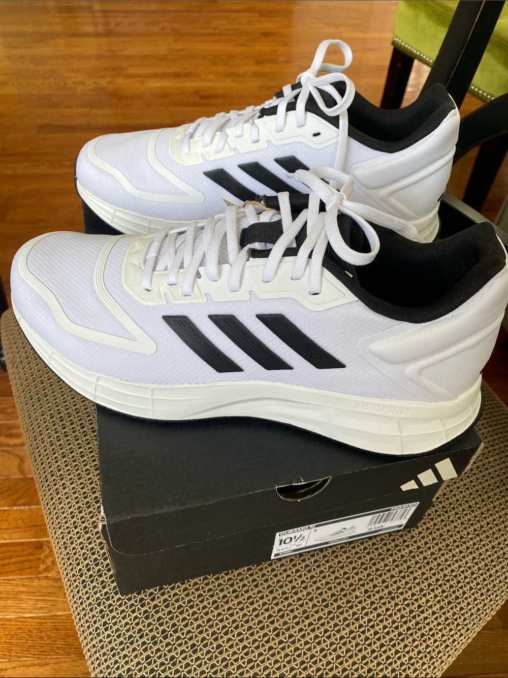 NWT adidas Size 10 1/2 White w/Black Stripe Men's Athletic Running Shoes Duramo